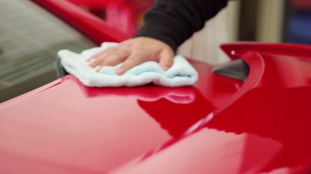 car cleaner polishing rear of shiny luxury sports car.