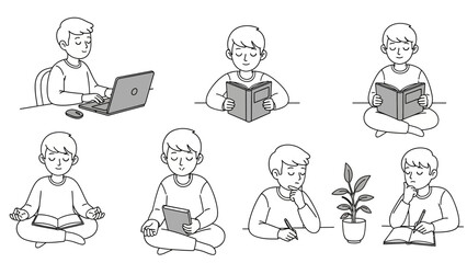 Naklejka premium Collection of hand-drawn illustrations depicting young men engaged in various study and relaxation activities.