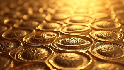 Luxurious 3d rendered gold coins with intricate embossed patterns, glowing with warm light, perfect for ramadan celebrations and financial themes.