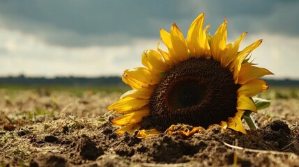 A single wilted sunflower head droops its heavy yellow petals in a dry field under a cloudy sky
