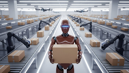 Automated warehouse with robot holding package, drones flying and robotic arms moving packages on