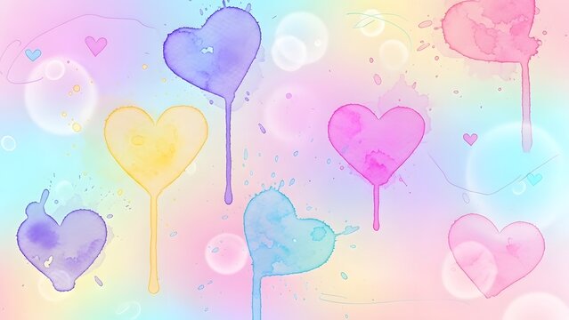 Colorful heart shaped balloons floating on a pastel rainbow background with bokeh lights and hearts - Powered by Adobe