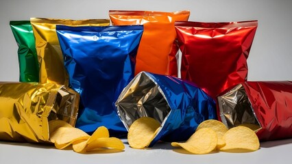 Colorful Metallic Chip Bags with Potato Chips on Neutral Background