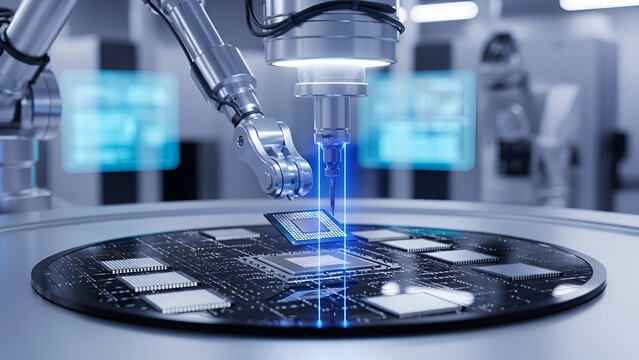 Precision robotic arm handling microchips on wafer in modern semiconductor manufacturing facility