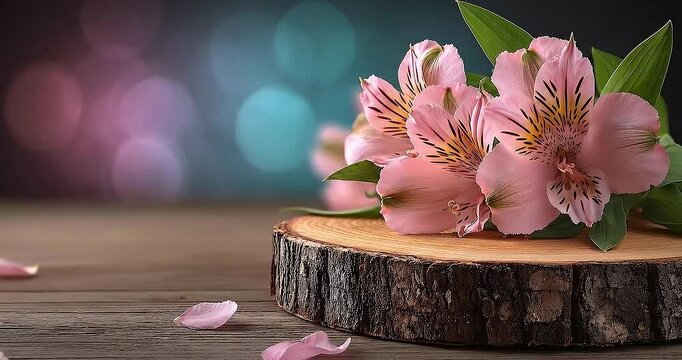 Close-up Video Clip of Delicate Pink Alstroemeria Flowers on a Wooden Slab, with Falling Petals and Soft Bokeh Background, Slow Motion, Cinematic