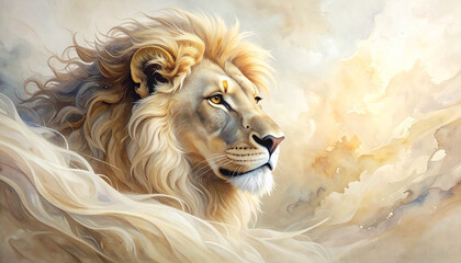 A majestic lion head emerges from flowing, textured, pale-toned wisps, evoking movement and grace in a serene atmosphere