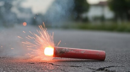 A single weathered red emergency flare burning and emitting sparks and smoke lying on a cracked outdoor road surface