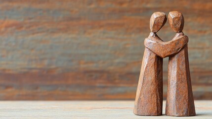 A small bronze sculpture of two figures embracing stands against a wooden textured background