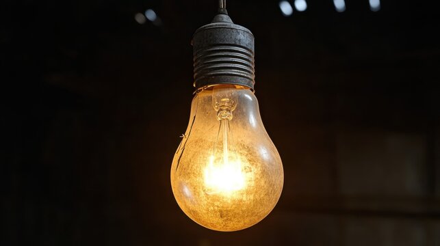A single vintage incandescent light bulb hangs from a frayed cord emitting a warm glowing light against a dark background - Powered by Adobe