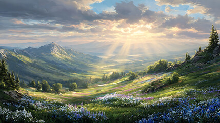 Sunlit Mountain Valley with Wildflower Meadow and Distant Peaks