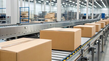 Composite image showing packed courier cardboard boxes moving along a conveyor belt on a production line, automated machinery, and warehouse background in motion blur