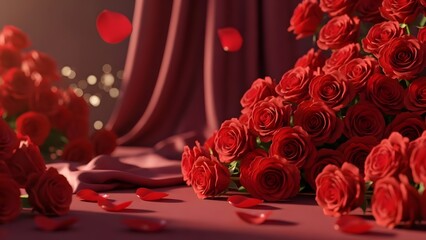 Beautiful arrangement of red roses on a purple surface with scattered petals and a draped background