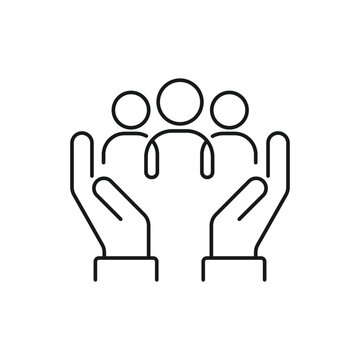 People group save thin line black and white icon, inclusion social equity, community care icon. Editable flat stroke vector icon.