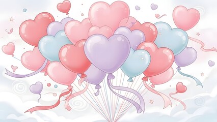 Colorful heart shaped balloons floating in the air on a white background with ribbons and confetti