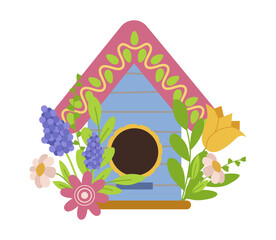 Vector illustration of a charming birdhouse adorned with vibrant flowers. The design features a mix of colorful blossoms, adding a lively touch to this decorative element.