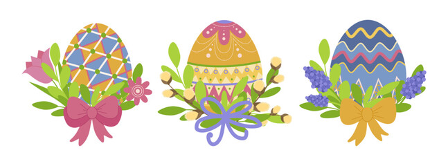 Colorful Easter eggs decorated with intricate patterns and surrounded by vibrant floral arrangements. Includes pink, yellow, and blue eggs with bows and blossoms. Vector illustration.