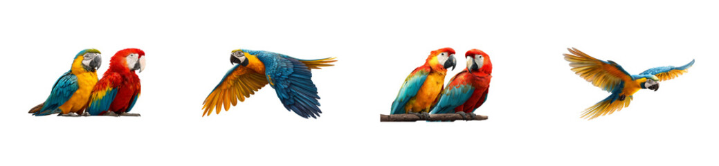Obraz premium Vibrant macaws showcasing their magnificent plumage and dynamic movements, perfect for exotic wildlife promotions, tropical travel brochures, or nature education content.
