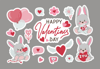 Cute Valentine s Day vector illustration a collection of love stickers featuring adorable bunnies with heart elements, balloons, and love messages. Perfect for romantic greeting cards and festive desi