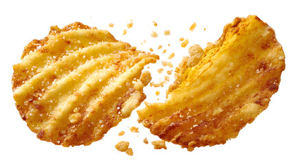 Crinkle cut potato chip breaking in half crispy texture on white background with food and snack and fried and golden and crunchy and delicious
