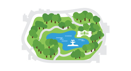 Stylized map of a vibrant park: lush trees, winding paths, serene pond with fountain, elegant white building. Ideal for urban planning, leisure,