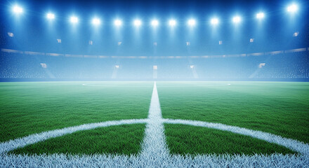 A brightly lit green soccer field with white lines and stadium lights at night, empty and ready for a match or practice under clear blue skies with sports