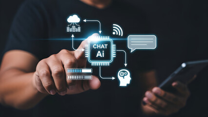 Businessman interacts with a glowing holographic interface demonstrating artificial intelligence chatbot processing data and connecting to cloud services