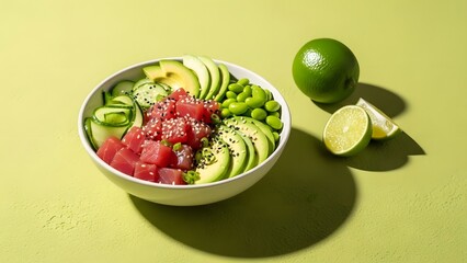 A bowl of sashimi grade tuna poke with sliced avocado and edamame on a green surface with lime
