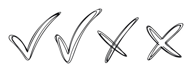 Hand drawn scribble checkmarks and cross marks for indicating success or failure, perfect for user interface elements and educational content applications