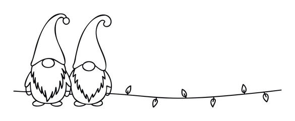 Whimsical line art drawing of two adorable gnomes with long beards and pointy hats standing together with a decorative string of leaves perfect for festive holiday designs and greeting