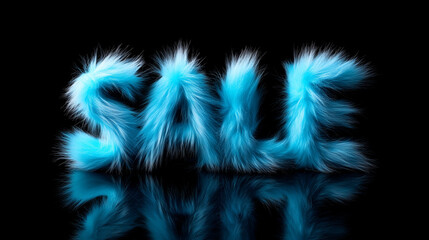Ultra high-resolution conceptual typography still life featuring the word "SALE" made from fluffy electric blue faux fur letters, positioned on a glossy black reflective surface. M