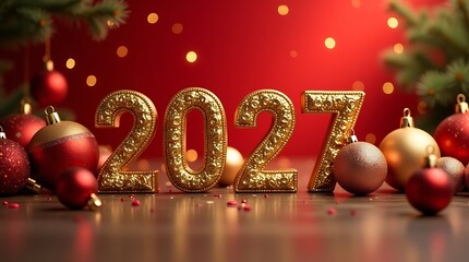 Festive New Year 2027 Gold Numbers with Christmas Ornaments, Luxury Holiday Background