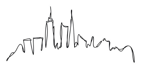 Dynamic continuous line drawing portraying an abstract urban skyline with various stylized buildings ideal for corporate presentations, architectural concepts, and contemporary graphic