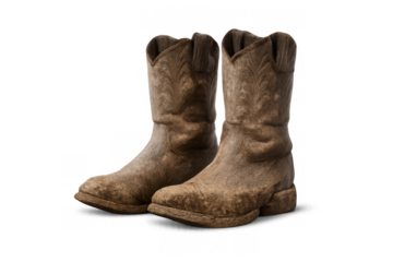 Pair of vintage cowboy boots in a rustic brown color, symbolizing western heritage, rugged durability, and country fashion, on a transparent background