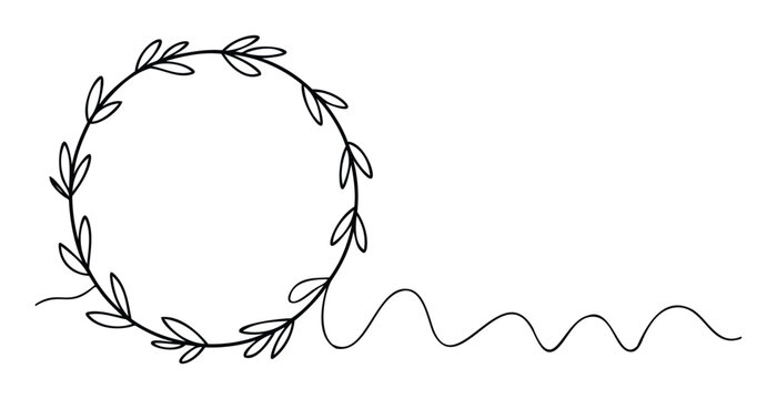 Decorative simple leaf wreath with an elegant wavy line extending gracefully, perfect for wedding stationery, minimalist branding, or festive greeting designs to add a touch of organic