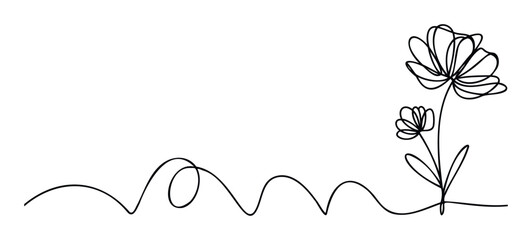 Simple elegant continuous line drawing depicting two delicate blooming flowers connected by a flowing stem ideal for modern greeting cards invitations or sophisticated branding projects.