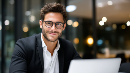 Obraz premium Confident business professional in a meeting using laptop and glasses in a modern office