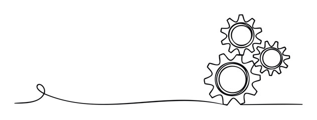 Simple continuous line drawing featuring three interlocking gears representing collaboration, mechanical process, and system integration, ideal for technology and industry related graphics