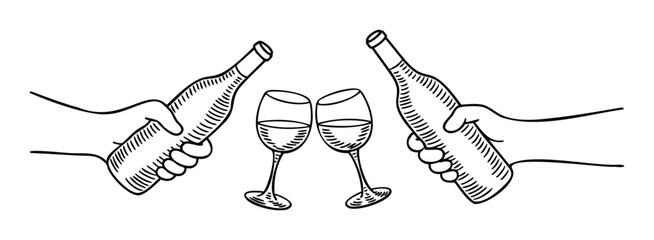 Hands holding beverage bottles clinking wine glasses in a celebratory toast, perfect for conveying friendship, party, or joyous moments in various digital and print media applications.