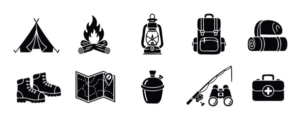 A comprehensive collection of essential camping and hiking equipment icons for various outdoor adventure themed web graphics, infographics, and mobile application elements.