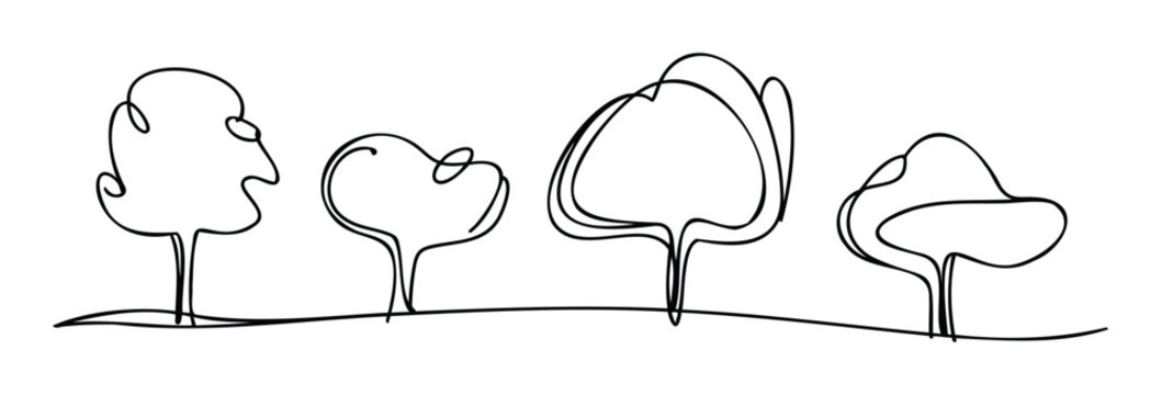A row of abstract trees drawn with a single continuous line representing growth and natural simplicity, ideal for environmental awareness campaigns and minimalist graphic projects - Powered by Adobe