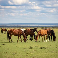 Fototapeta premium Herd of horses grazing peacefully on a lush green pasture under a cloudy sky, serene landscape.