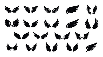 Variety of elegant black wing graphic symbols useful for creating distinguished logos, emblems, or decorative elements in spiritual, aspirational, or brand identity designs.