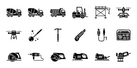 Construction and building industry equipment collection featuring essential vehicles, machinery, and power tools for various infrastructure projects and development activities