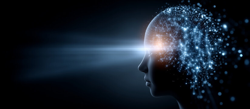 Human head silhouette with glowing digital particles artificial intelligence and mind technology concept