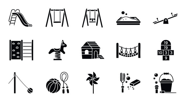 Collection of black and white playground equipment icons featuring slides, swings, sandbox, seesaw, climbing structures, playhouses, and various outdoor toys, perfect for children activity