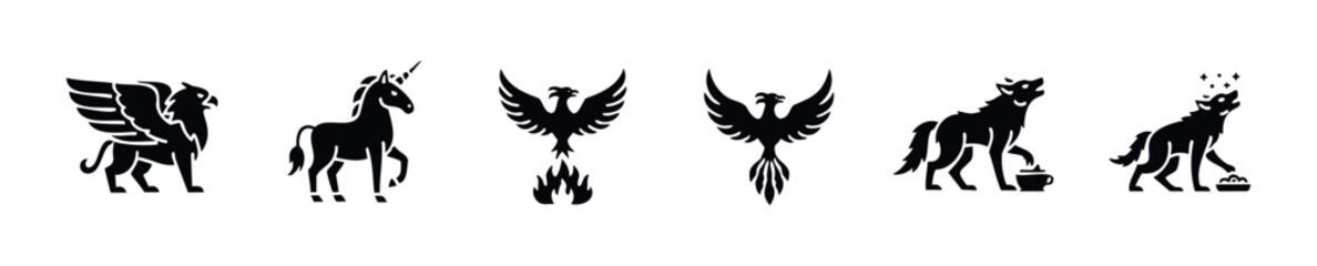 Obraz premium Mythical animals and wild nature symbols depicted as strong graphic icons suitable for brand identity, logos, apparel, or educational material