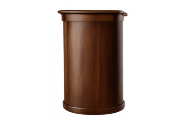 Wooden podium stand with a dark brown finish, a classic round pillar rostrum for formal speeches and presentations