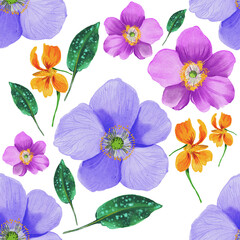 Seamless floral pattern with realistic handmade flowers