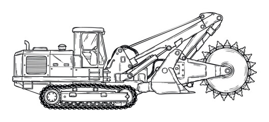 Heavy duty trenching machine with large rotating cutter wheel on tracks for excavation work, ideal for construction industry advertising and educational materials
