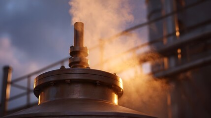 Steam rises from industrial equipment during a warm golden hour sunset